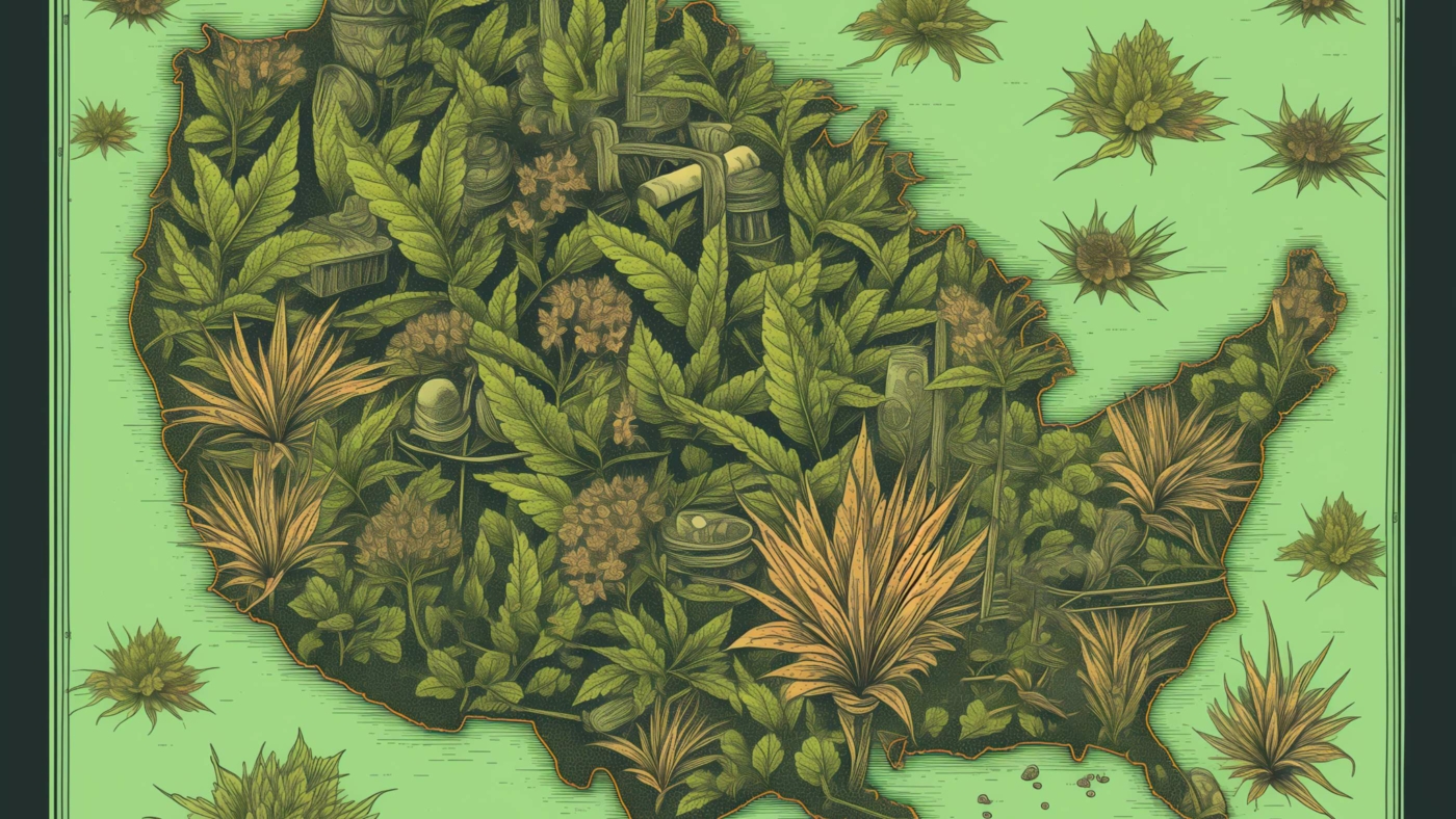 Indacloud. A Map Of The Usa With Weed Flowers Depicted In The M A4585562 3D9B 43F9 9418 F82Bb6C5173B