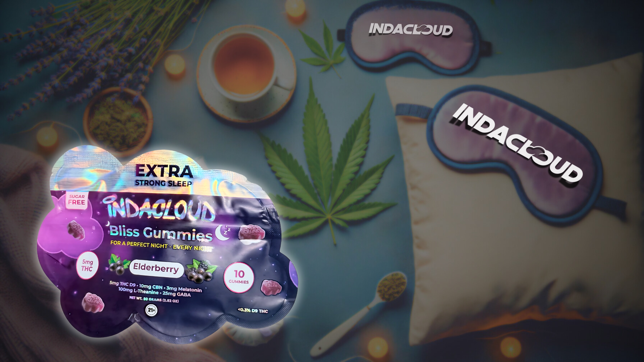 Indacloud Bliss Gummies for sleep, with cannabis-themed bedtime items.